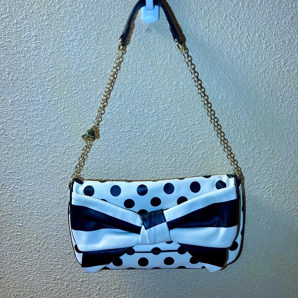 Vintage Betsey Johnson Black and White Polka Dot Bow Bag Y2k